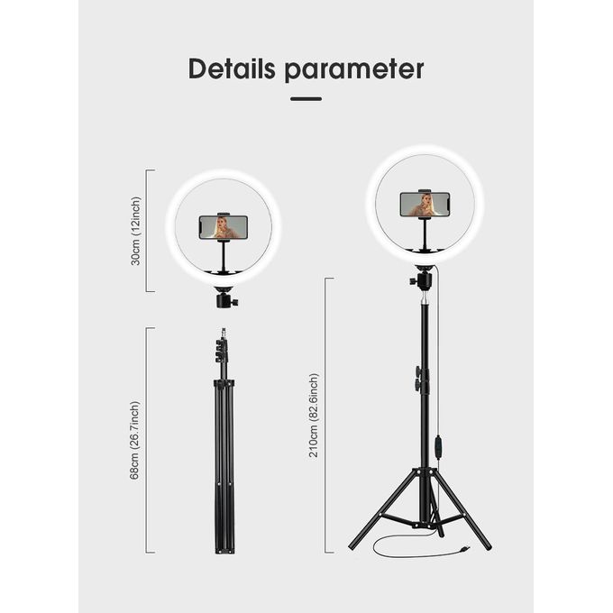 12-Inch LED Ring Light with Adjustable 210 mm Tripod Stand, Wireless Lapel Microphone & Bluetooth Remote