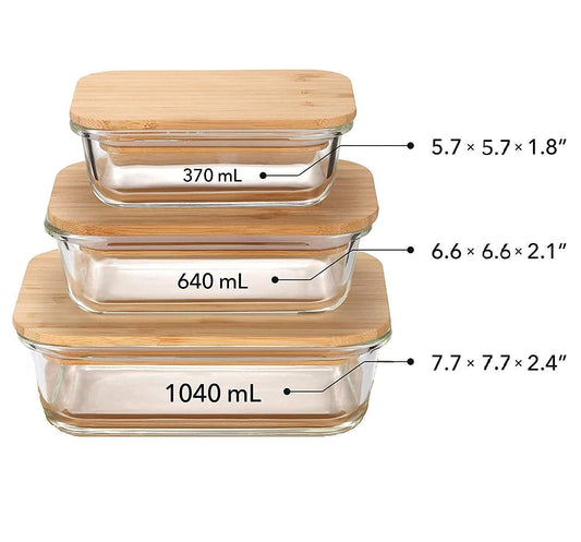 Borosilicate Glass Food Storage Containers with Wooden Lid, 3 pcs Set, Borosilicate Glass, Rectangle Shape, Transparent, Microwave Safe, 370ml, 640ml,1050ml