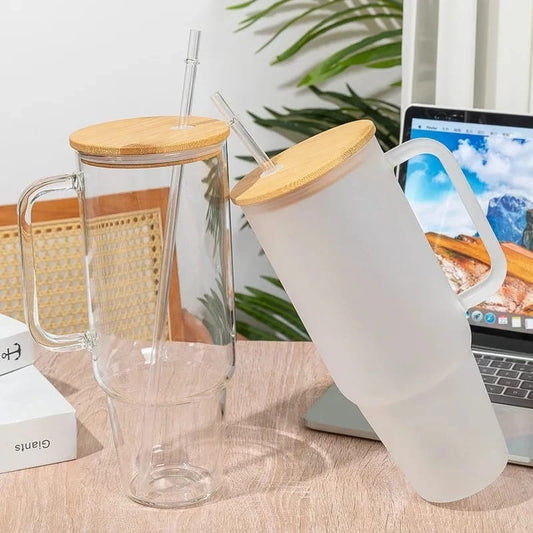 Borosilicate Bamboo Drinking Glass Cup Tumbler with lid and Straw
