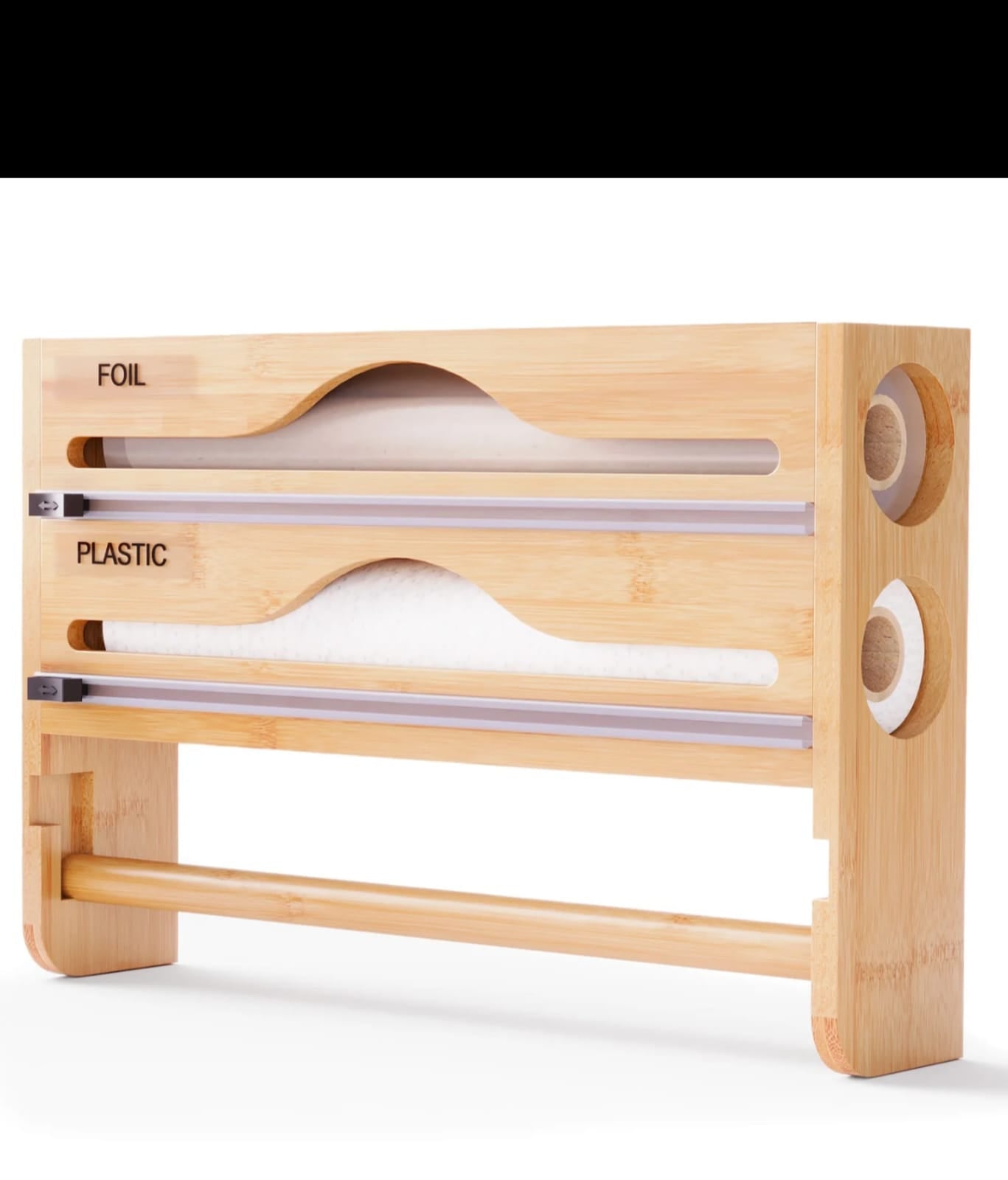 3-in-1 Bamboo Kitchen Wrap Organizer Wall-Mounted Foil, Cling Film & Paper Towel Holder with Built-in Cutters