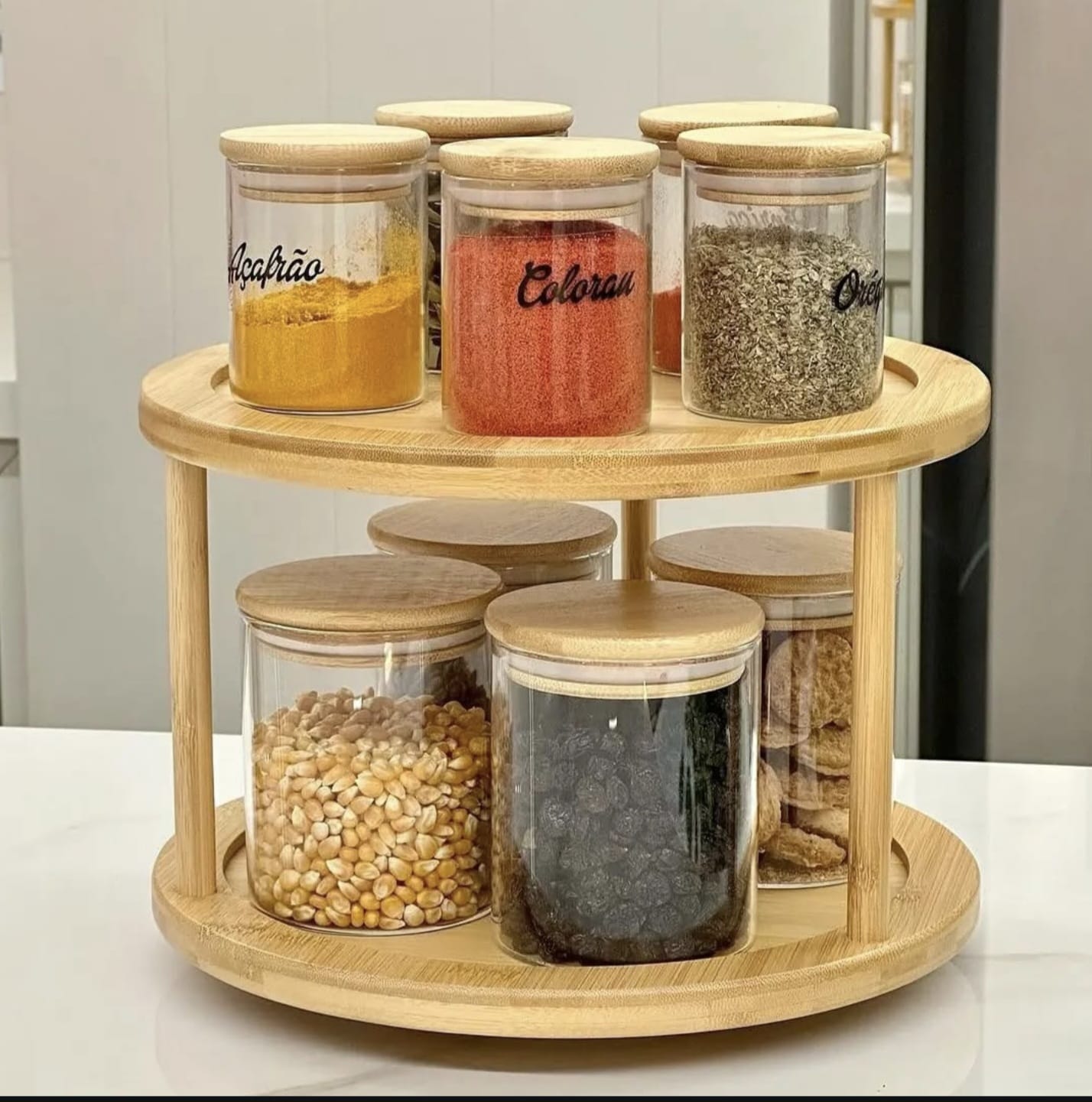 2-Tier Bamboo Rotating Spice Rack Multi-Purpose Condiment Organizer