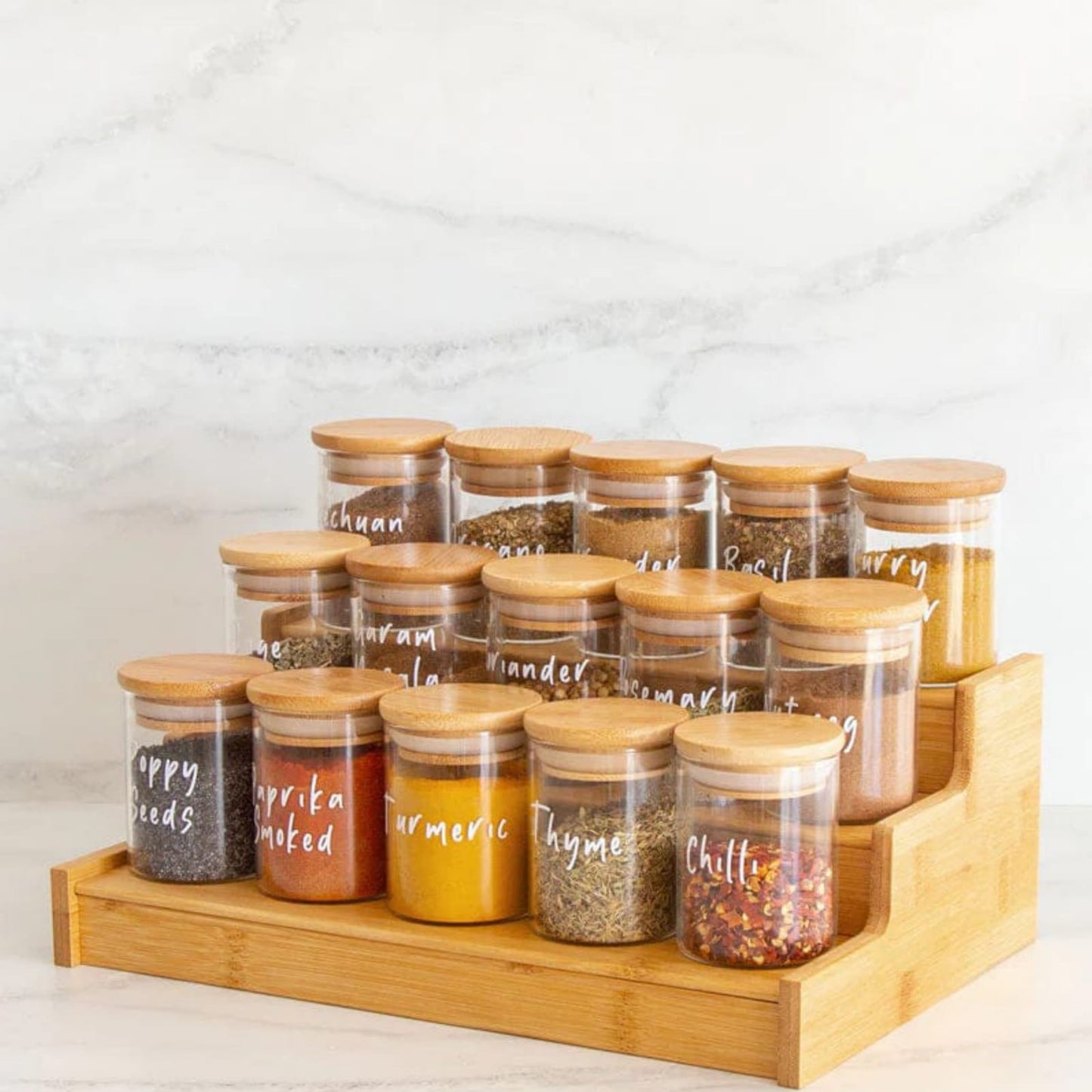 12pcs Borosilicate Airtight Spice Jar Set with Bamboo Stand – 250ml