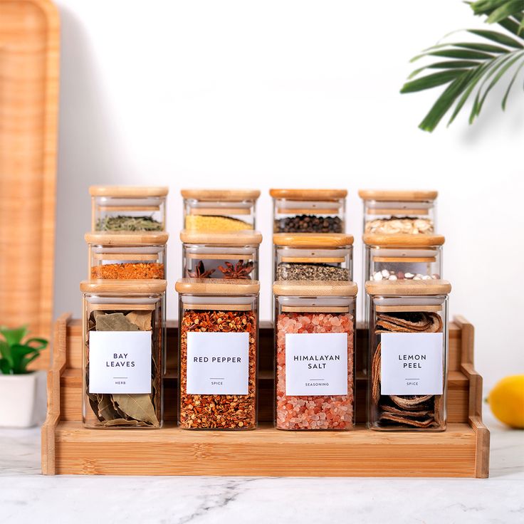 12pcs Borosilicate Airtight Spice Jars Set with Spoons + Bamboo Stand 250ml Glass Storage Containers