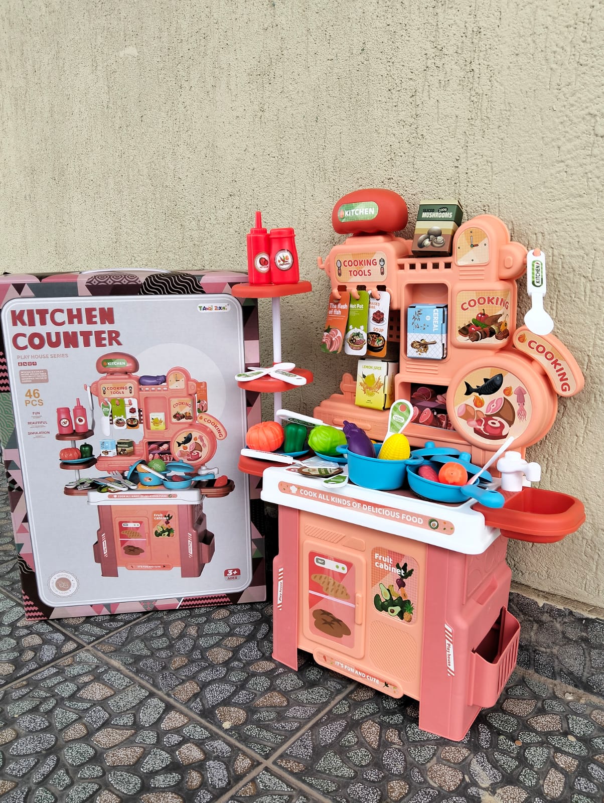 46PCS Kitchen Counter Play Set β Kids Cooking Toy with Utensils, Food & Accessories