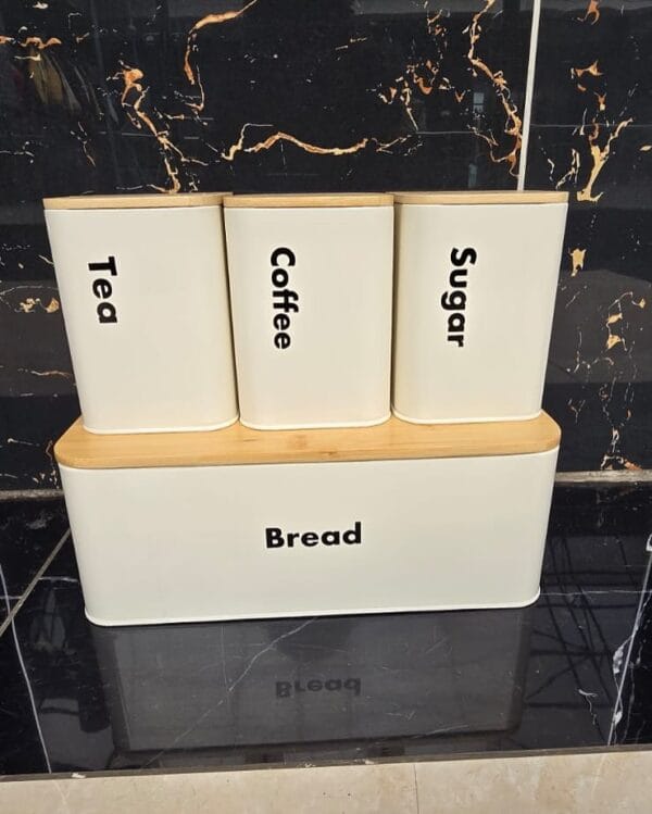 Bread Bin & Canister Set – 33x18x13cm Bin + 3x1300ml Bamboo-Lid Canisters