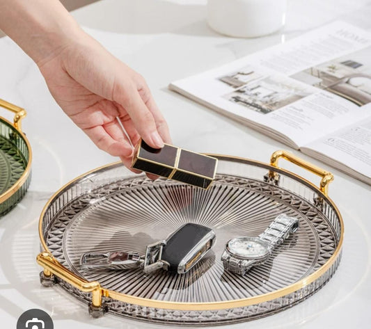 Decorative acrylic tray with golden handle now available