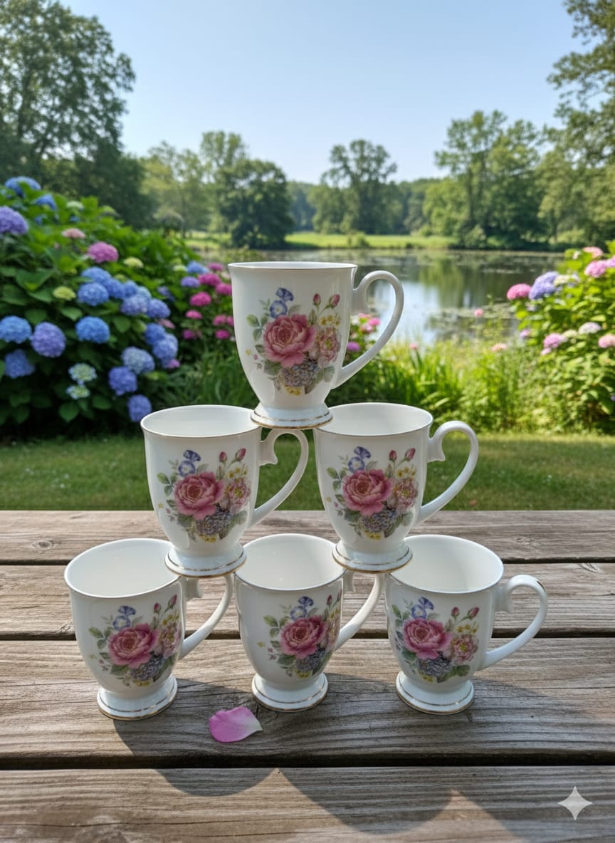 Classic Porcelain Mugs with Floral Design & Gold Trim 6pcs