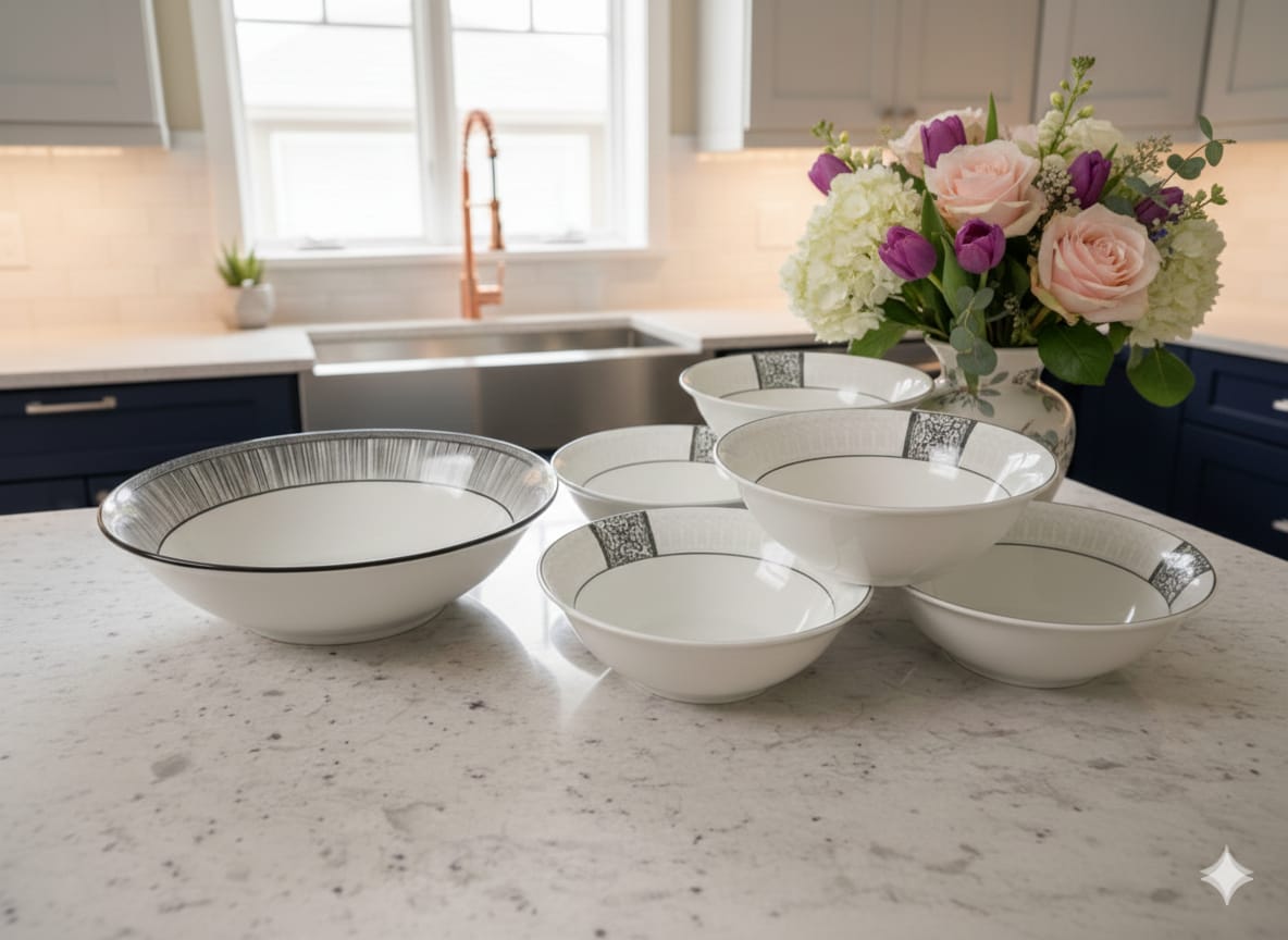 7pc Porcelain Black Ring Soup Set