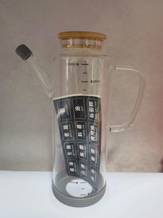 Glass oil/vinegar dispenser/jar with bamboo lid and non-slip rubber base 1000ml