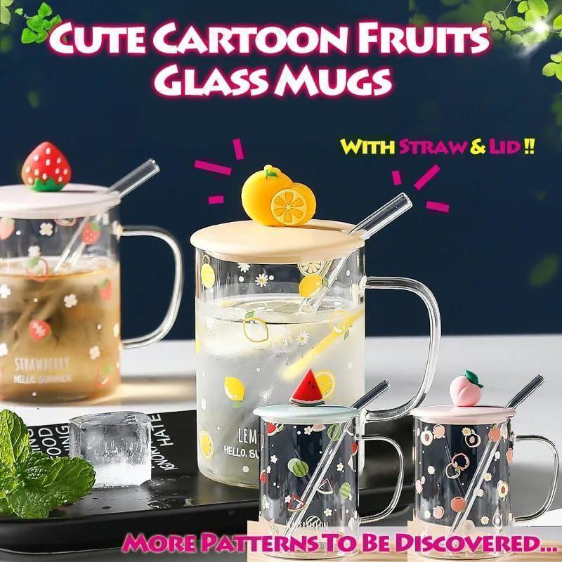 500ml Fruit Style Cartoon Transparent Glass Cup With Straw 1pc