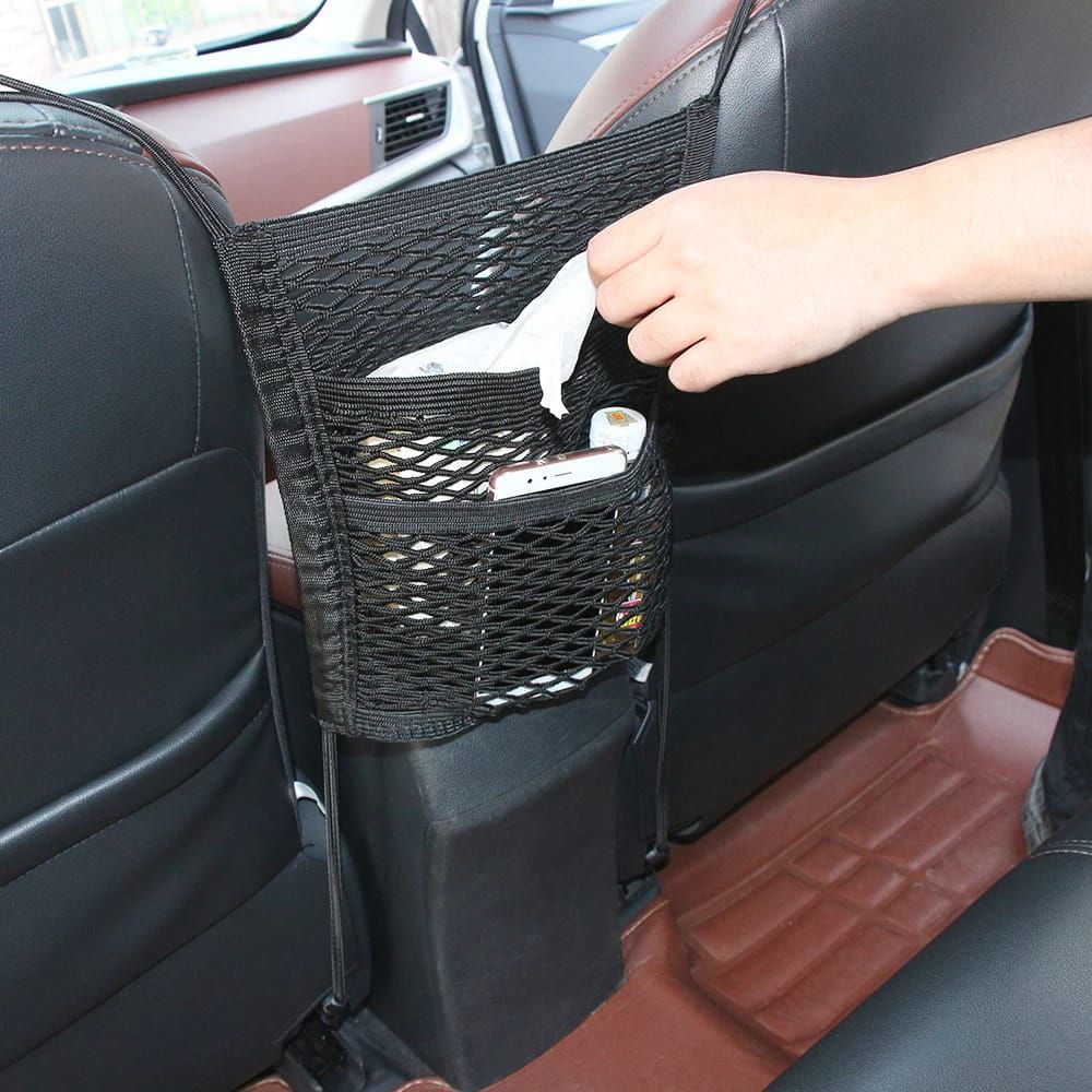 Super stretch 2 slot net organizer for in between car front seats