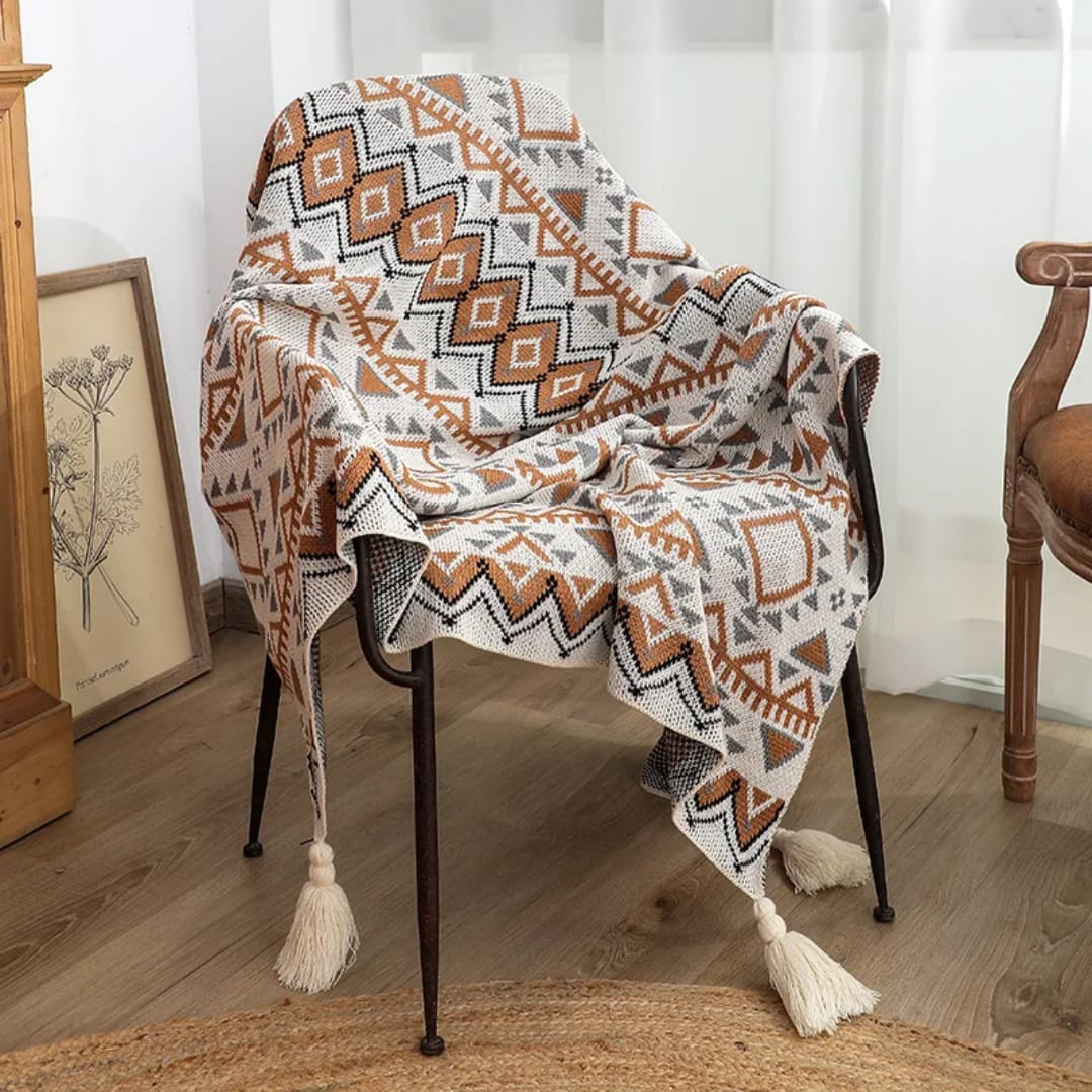 Nordic bohemian knitted throw blanket with tassels