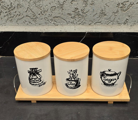 3pcs Ceramic Canisters Set with Bamboo Stand
