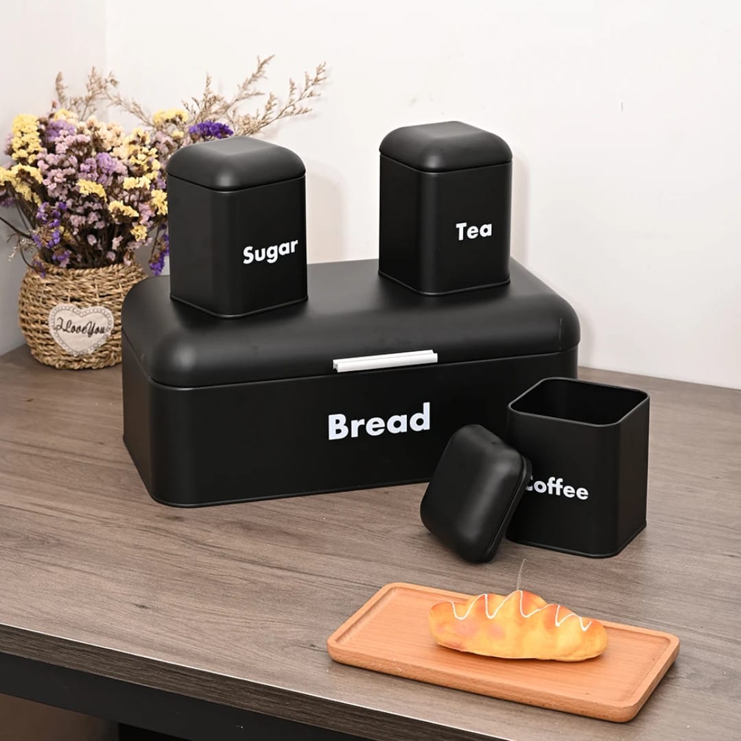 Galvanized Metal Bread Bin Set – 42x22x17cm Bin + 3x1200ml Canisters