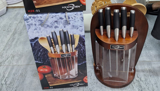 12pc Rotating Premium Knife set + Kitchen Utensil Set with Wooden Block & Cutting Board