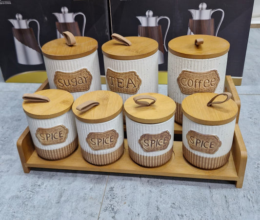 7pc White Ceramic Canister Set with Wooden Stand