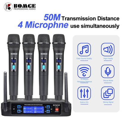 BOMGE 4-Channel UHF Wireless Microphone System – Professional Dynamic Mic Set with 50M Range