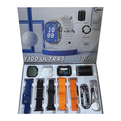 Y100 Ultra3 Smart Watch 10-in-1 Set – 5 Straps, Wireless Earphones & Electric Razor