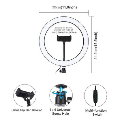 12-Inch LED Ring Light with Adjustable Stand + Dual Wireless Lapel Microphones & Bluetooth Shutter