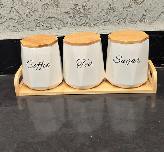 3pcs Ceramic Canisters Set  with Bamboo Stand