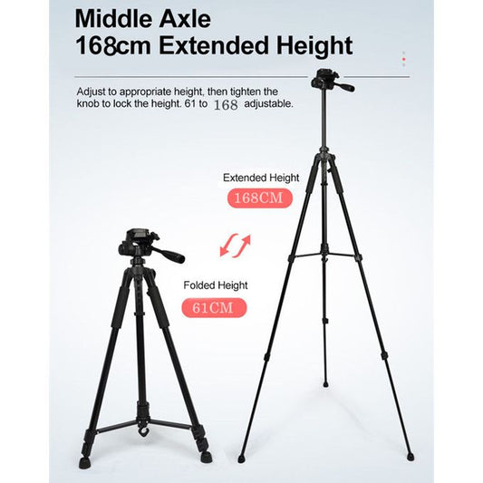 168 CM Adjustable Photography Tripod Stand for Camera & Phone – 360° Rotation, Live Streaming & Selfie Support