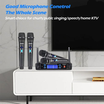 BOMGE 4-Channel UHF Wireless Microphone System – Professional Dynamic Mic Set with 50M Range