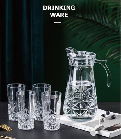 Elegant Crystle Pitcher Drinkware Set w 6 Highball Tumblers, Beautiful Jug with Lid, Handle & Spout for Chilled Beverage Homemade Juice, Iced Tea or Water (7 pc set)