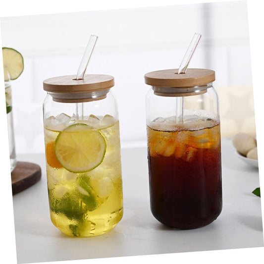 pcs Straw Glass Tumbler Straws Coffee Cup with Lid Glass Milk Cup Miss Bamboo Cover Household