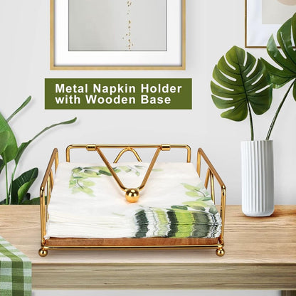 Gold Modern Napkin Holder for Table with Weighted Arm, Square Metal Flat Napkin Holder
