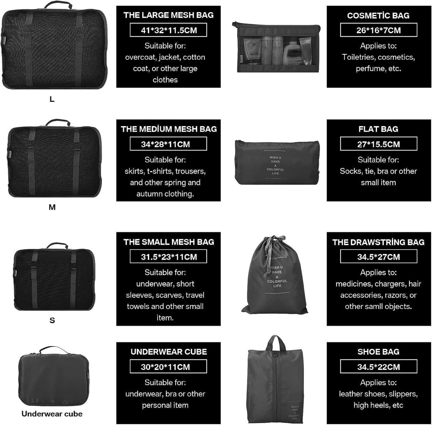 8 Pcs Packing Cubes for Suitcase, Travel Organiser Packing Bags, Travel Luggage Packing Organizers Waterproof Packing Cubes