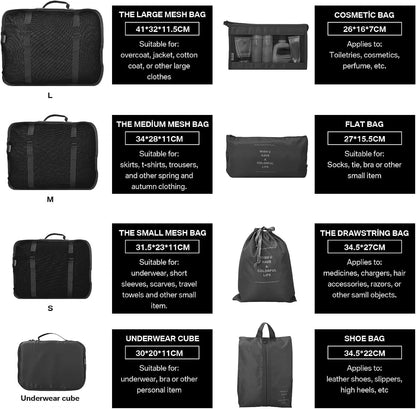 8 Pcs Packing Cubes for Suitcase, Travel Organiser Packing Bags, Travel Luggage Packing Organizers Waterproof Packing Cubes