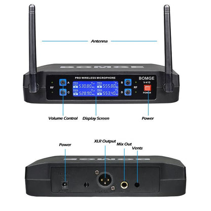 BOMGE 4-Channel UHF Wireless Microphone System – Professional Dynamic Mic Set with 50M Range