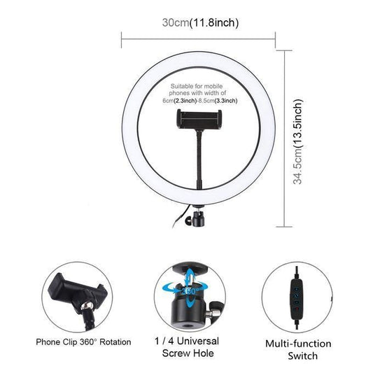 12-Inch LED Ring Light with 2M Tripod Stand + Free Gifts: Microphone, Bluetooth Remote & Table Stand