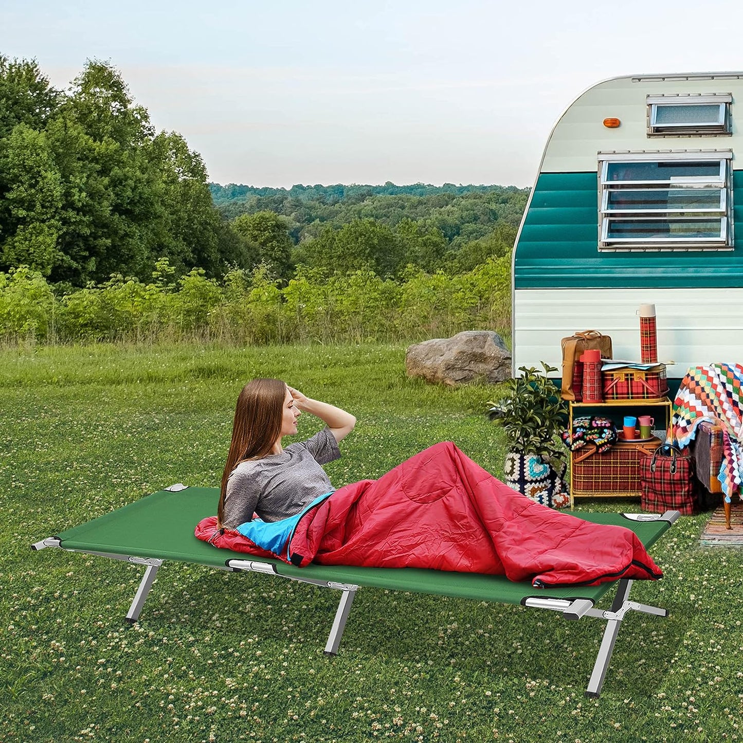 Aluminum alloy camping folding bed.