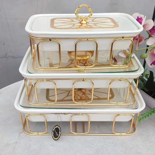 Elegant 3pcs food warmers with a golden stand