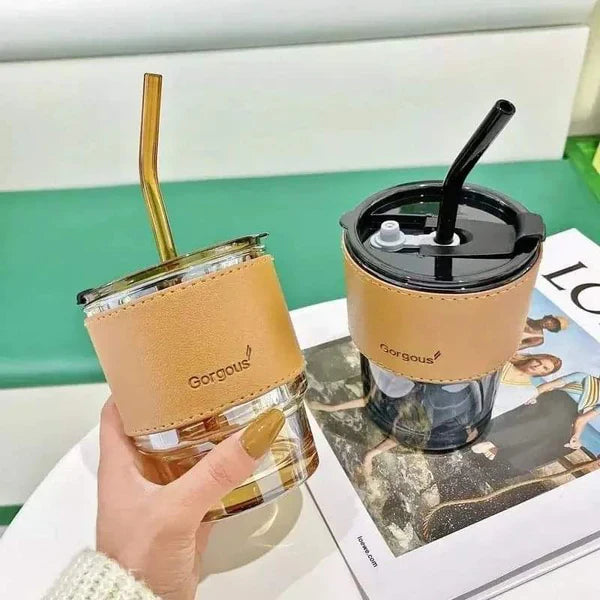 450ml Glass Summer Cup with Leather Cover