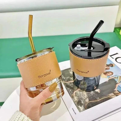 450ml Glass Summer Cup with Leather Cover