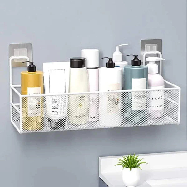 Wall-mounted bathroom shelf with hooks