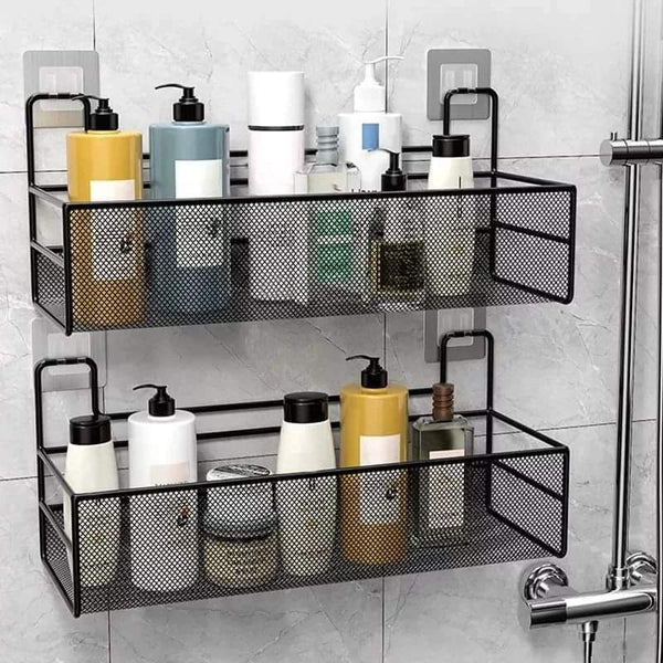 Wall-mounted bathroom shelf with hooks