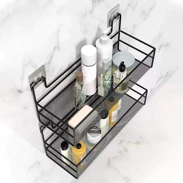Wall-mounted bathroom shelf with hooks