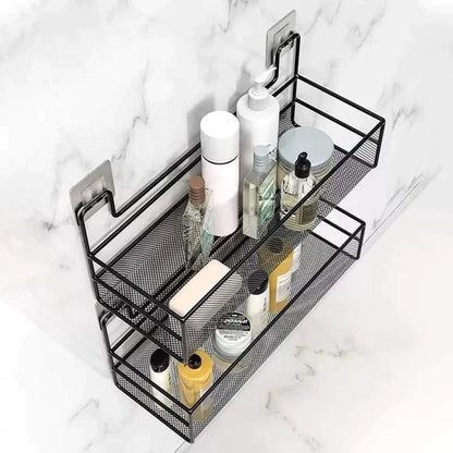 Wall-mounted bathroom shelf with hooks