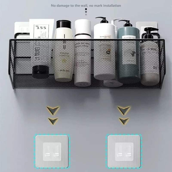 Wall-mounted bathroom shelf with hooks