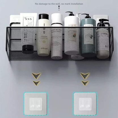 Wall-mounted bathroom shelf with hooks