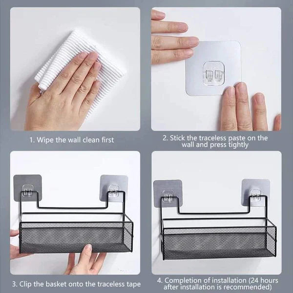 Wall-mounted bathroom shelf with hooks