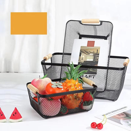 1 Pcs Steel Mesh Storage Organizer Basket, Multifunctional Metal Wire Hanging Kitchen Baskets, Fruit Basket with Wooden Handle, Ideal for Kitchen, Bathroom, Pantry, Cabinet, Home