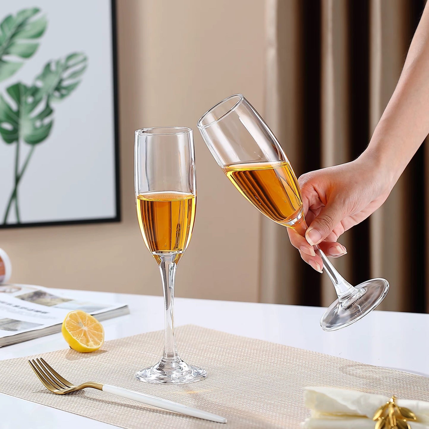 Classic Champagne Glasses Set of 6, 6oz Glass Champagne Flutes, Stemmed Champagne Flutes, Sparkling Wine Glass for Party, Wedding and Home - Clear,250ml