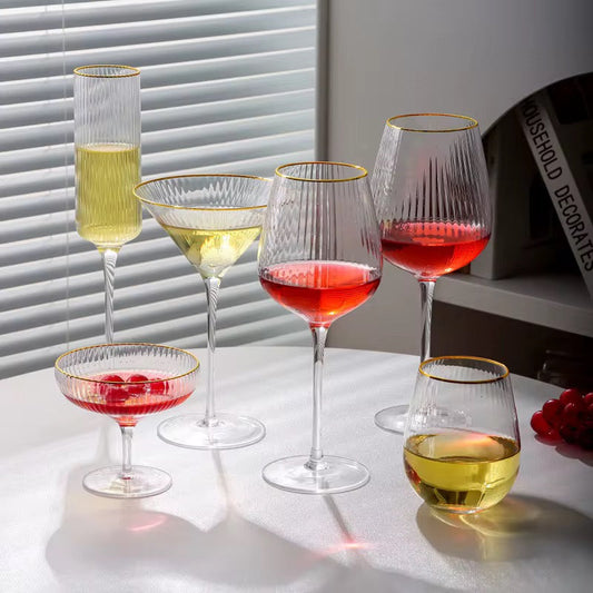 Wine Glasses, Vertical Pattern Gold Goblet Red Wine Champagne Cocktail Cup Family Bar Holiday Drinkware Mugs 6pcs set