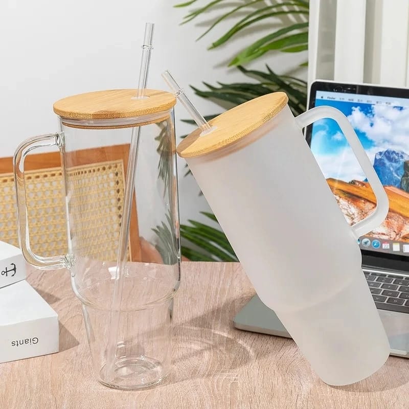 Borosilicate Bamboo Drinking Glass Cup Tumbler with lid and Straw