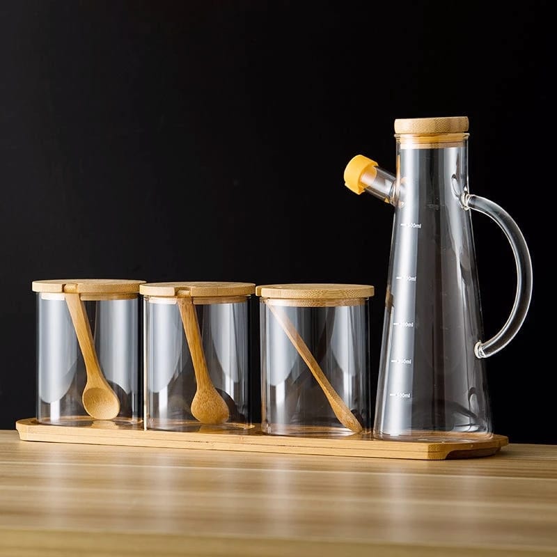 4pcs Oil Jar Set With Bamboo Stand
