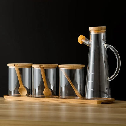 4pcs Oil Jar Set With Bamboo Stand